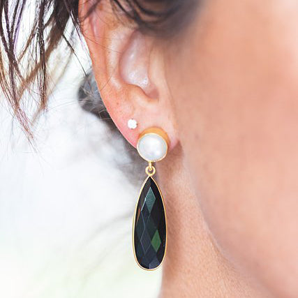 Pearl & Black Crystal Cut Earring